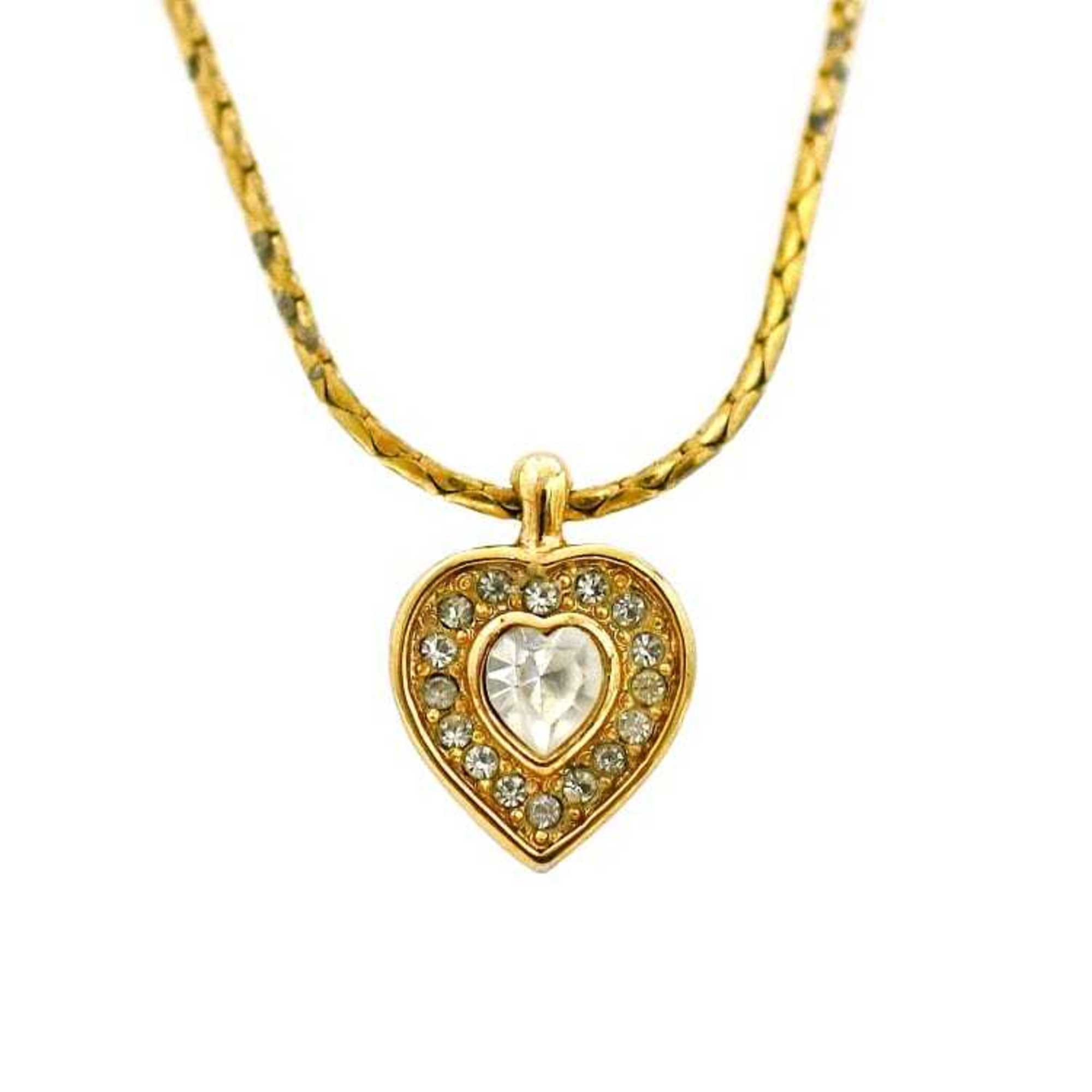Christian Dior Necklace Gold Heart Gp Rhinestone Ladies Luxury